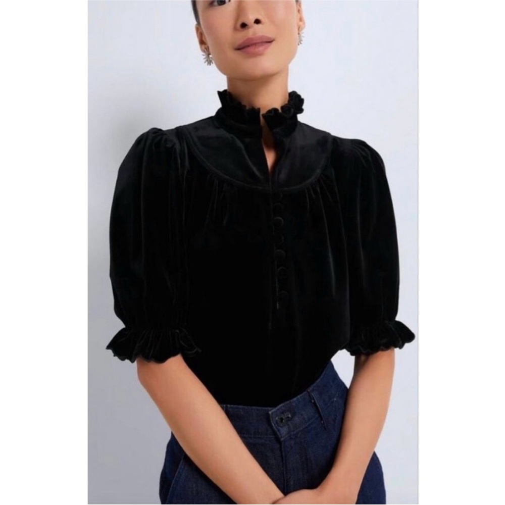 NWT Tuckernuck Pomander Place black velvet ruffle blouse